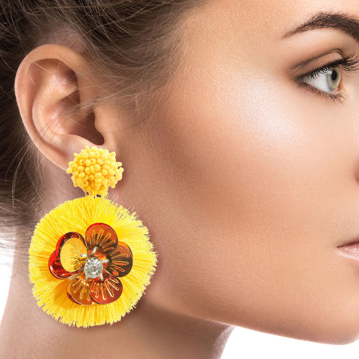 Buy House of D'oro Shaded Yellow Tassel Earrings with Pearls on Golden Base  online